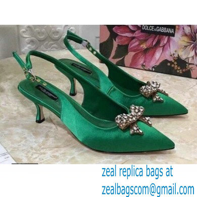 Dolce & Gabbana Heel 6.5cm Satin Slingbacks Green with Crystal Bow 2021